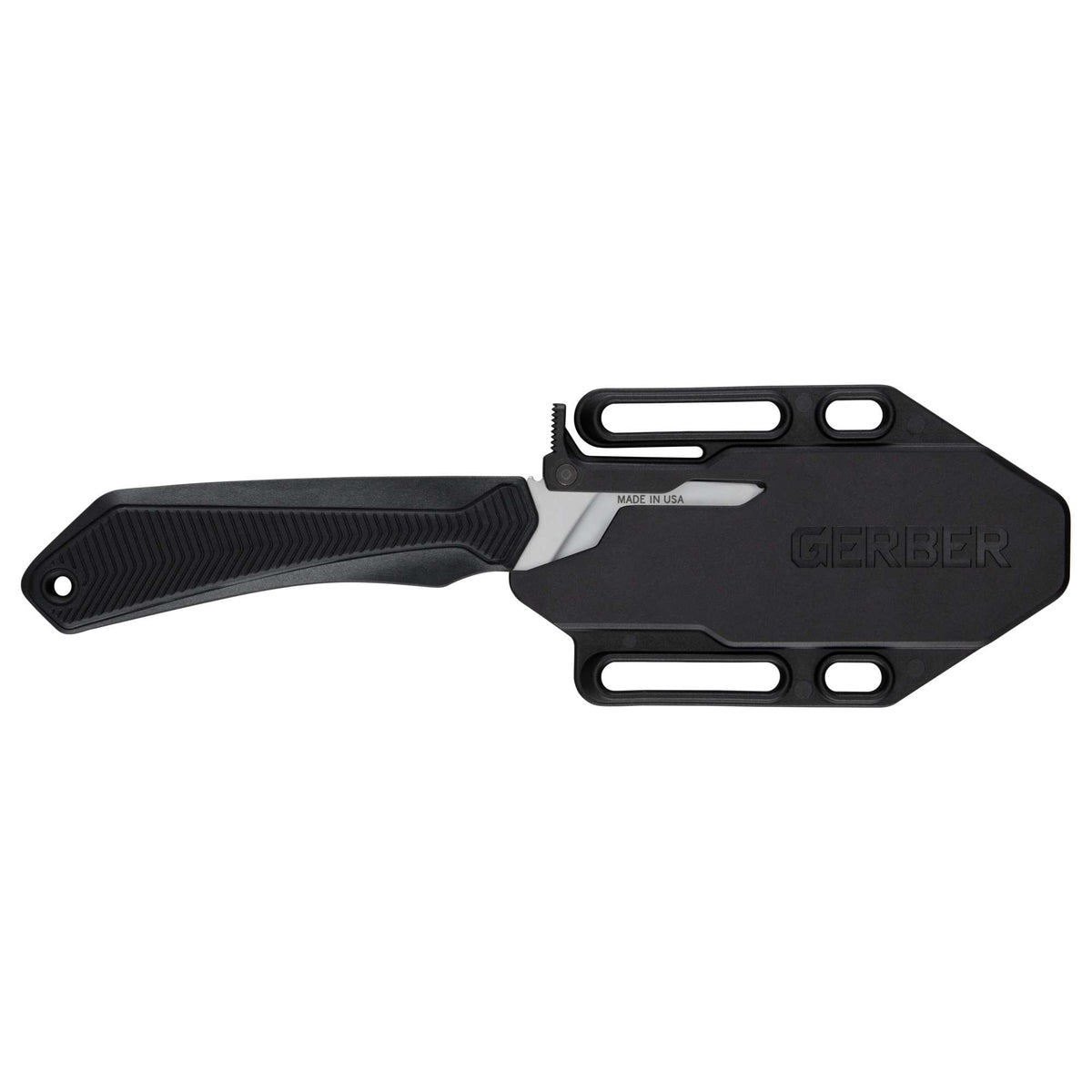 Gerber Forefront fixed blade knife with a black textured handle and a black molded sheath, shown against a plain white background with the sheath on