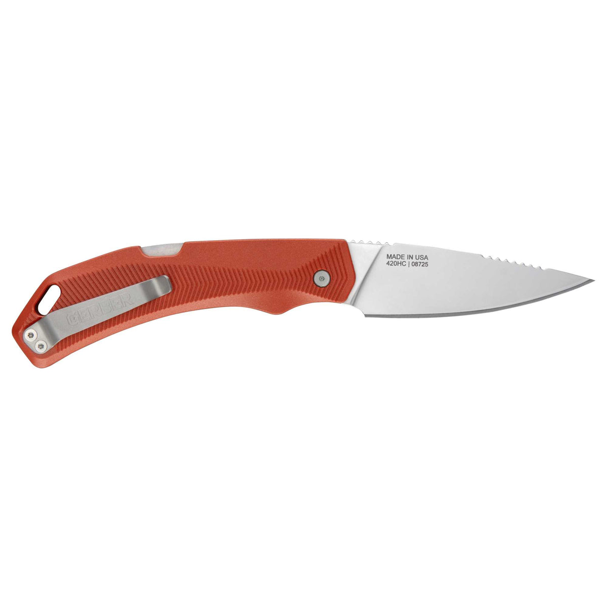 A Forefront folding pocket knife with a textured orange-red handle and a blade, shown open against a plain white background.
