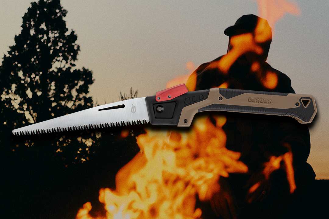 The Bushcraft Saw is shown against a dramatic background of a person silhouetted against flames at dusk.