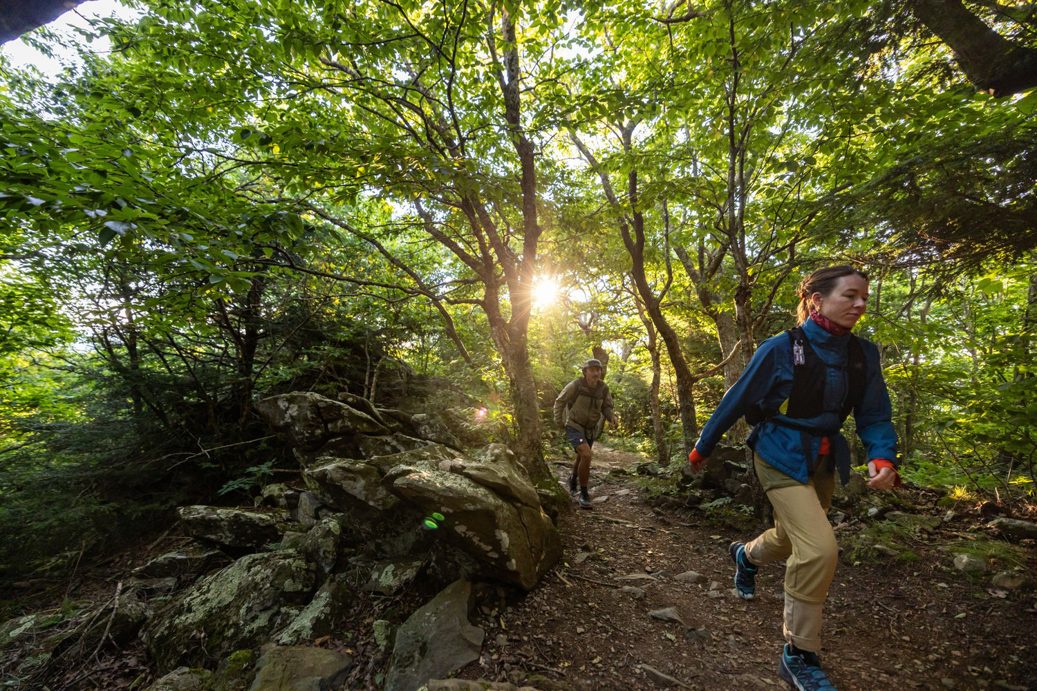 Two hikers on a trail through a forest with sunlight filtering through the trees.