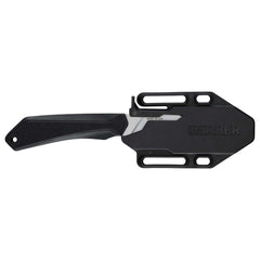 Gerber Forefront fixed blade knife with a black textured handle and a black molded sheath, shown against a plain white background with the sheath on