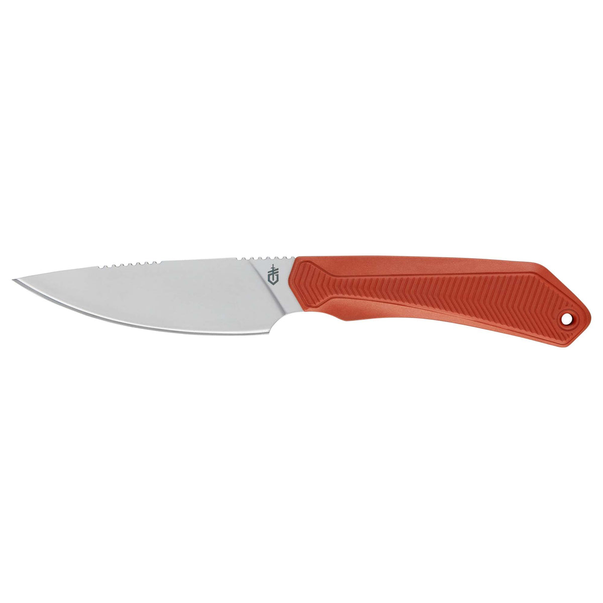 Forefront Fixed blade knife with an orange handle on a white background
