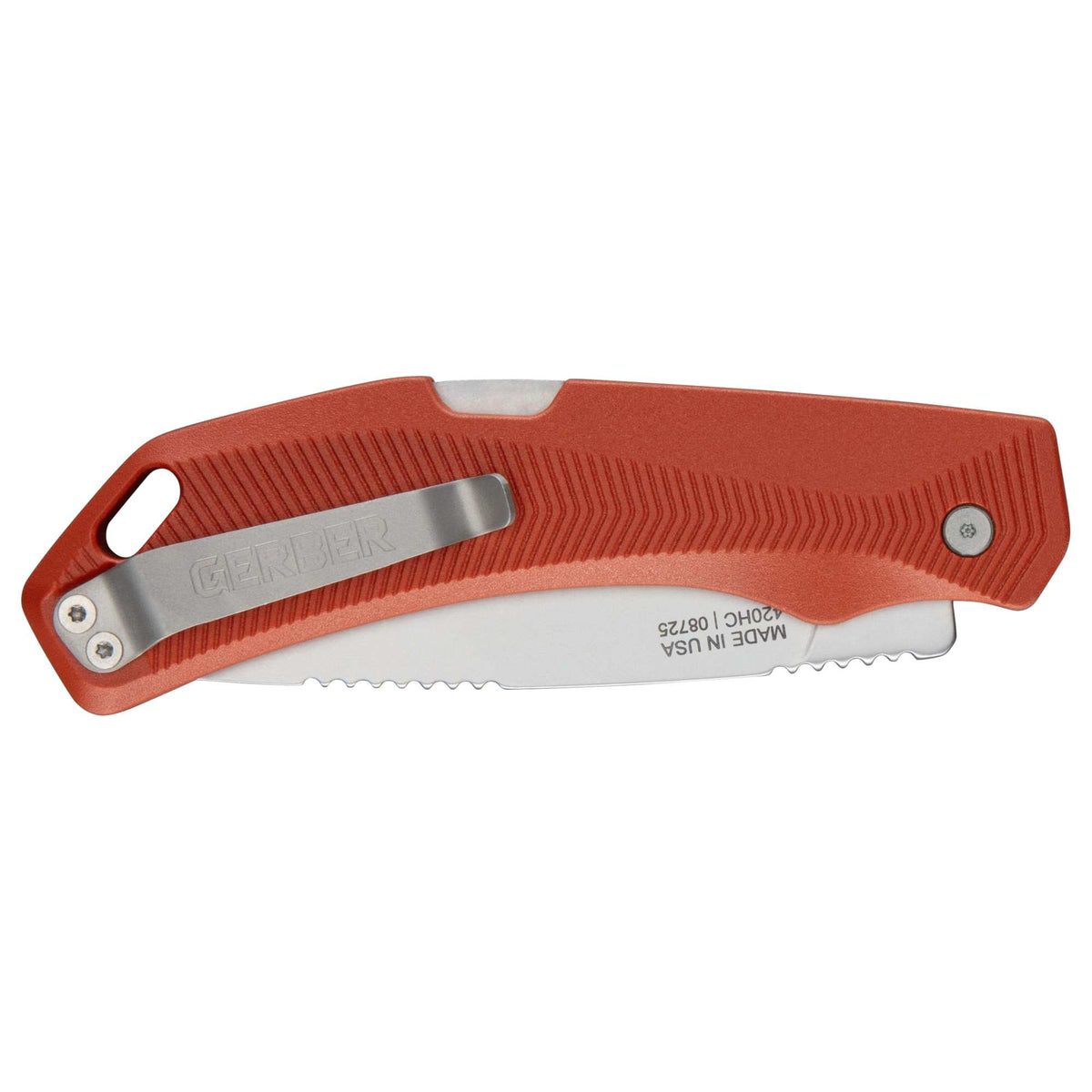 A Gerber Forefront folding knife with a textured orange handle, a silver pocket clip, and a blade, shown against a plain white background.