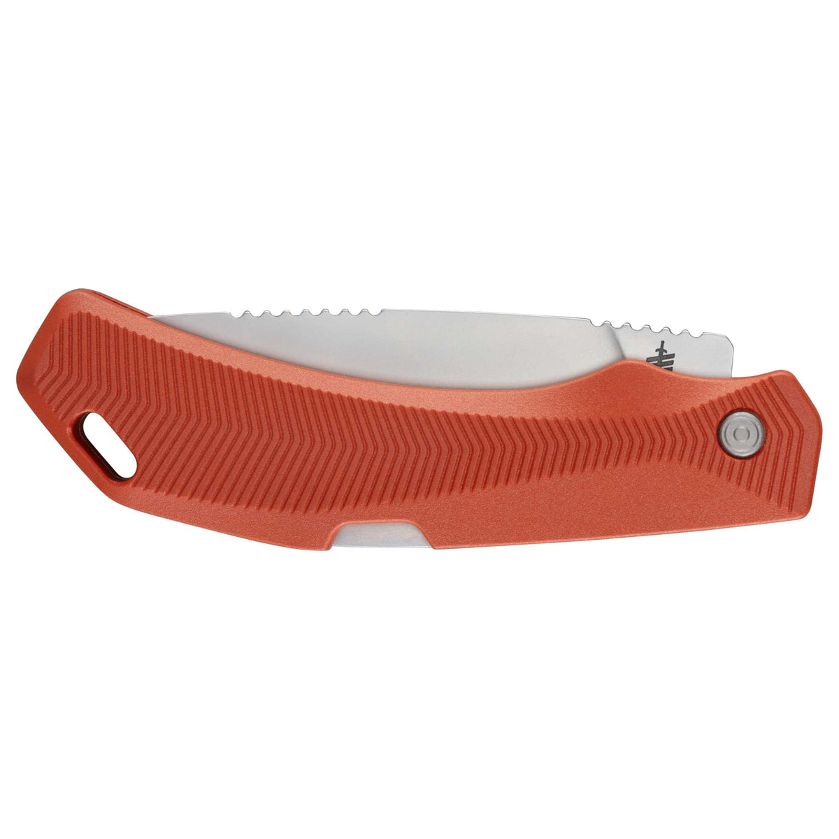 A Gerber Forefront folding pocket knife with a textured orange-red handle and a partially visible blade, shown against a plain white background.