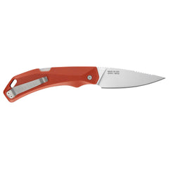 A Forefront folding pocket knife with a textured orange-red handle and a blade, shown open against a plain white background.