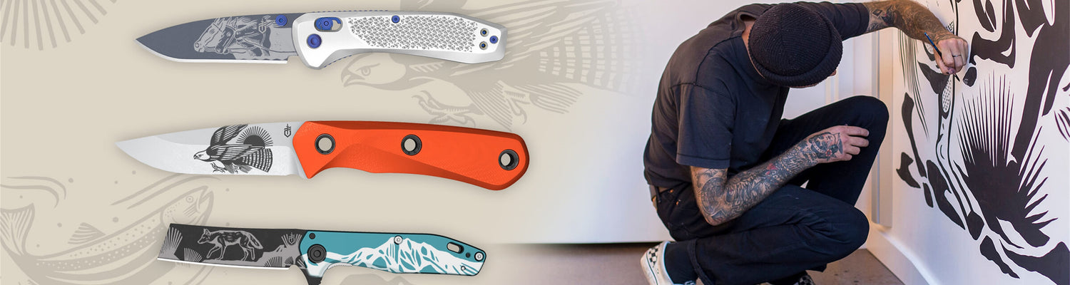 Three knives with different blade designs on a textured surface, with a person sitting and drawing in the background.