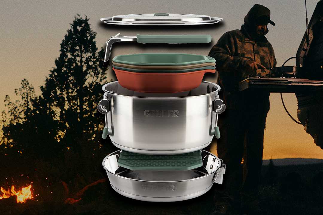 The Gerber Compleat Cookset, shown over a camping scene with a person standing near a vehicle at dusk cooking. 