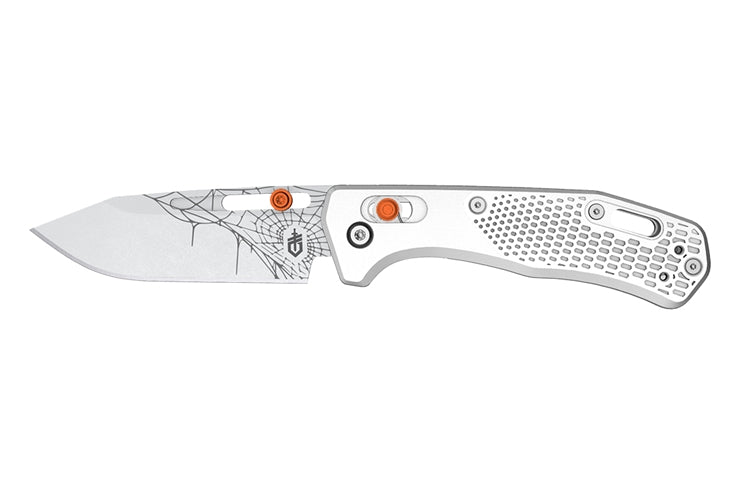 Folding knife with a white handle and blade on a white background